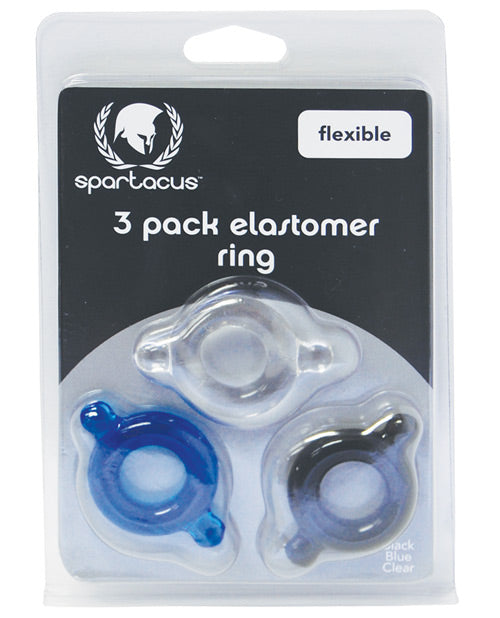 Spartacus Elastomer Cock Ring Set - Black, Blue &amp; Clear Pack of 3