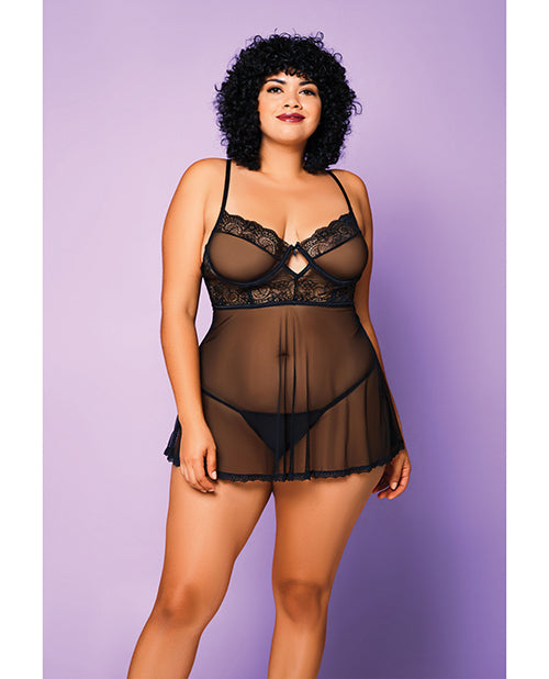 Soft Mesh Babydoll &amp; G-String Black 3X - Seductions Secret