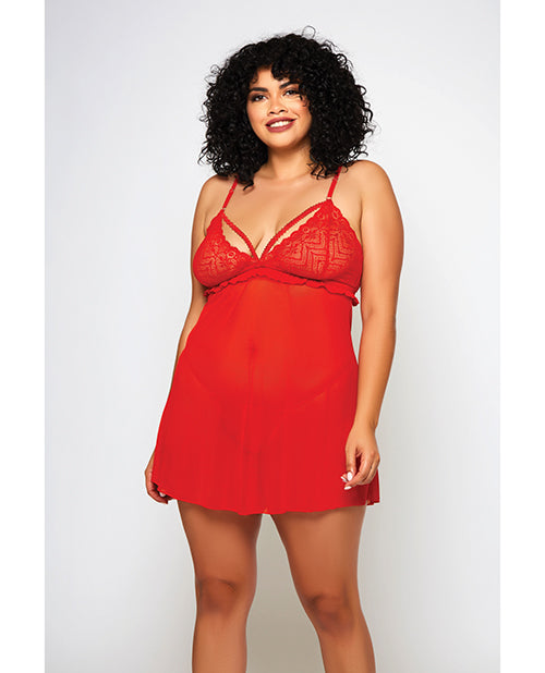 Galloon Lace &amp; Fine Mesh Babydoll &amp; G-String Red 2X - Seductions Secret