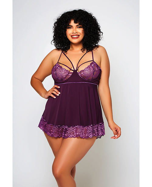 Cross Dye Lace &amp; Microfiber Babydoll &amp; G-String Purple 1X - Seductions Secret