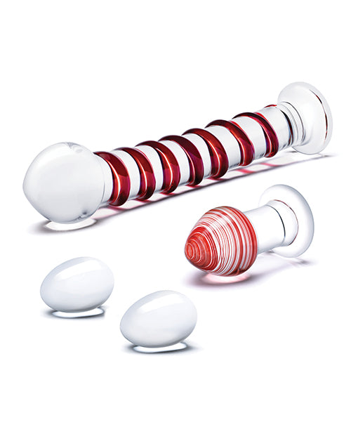 Glas 4 pc Mr. Swirly Set w/Glass Kegel Balls &amp; 3.25&quot; Butt Plug - Red