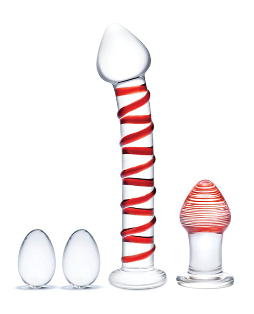 Glas 4 pc Mr. Swirly Set w/Glass Kegel Balls &amp; 3.25&quot; Butt Plug - Red