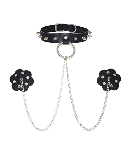 Neva Nude Burlesque Slave 4 U Chain Neck Choker Leather Reusable Silicone Pasties - Black O/S