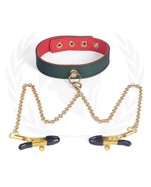 Spartacus PU Collar w/Nipple Clamps - Green