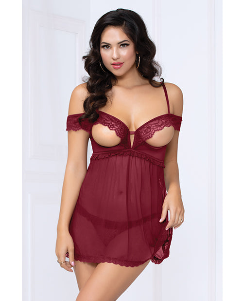 Lace & Mesh Open Cups Babydoll w/Fly Away Back & Panty - Wine, Small - Seductions Secret