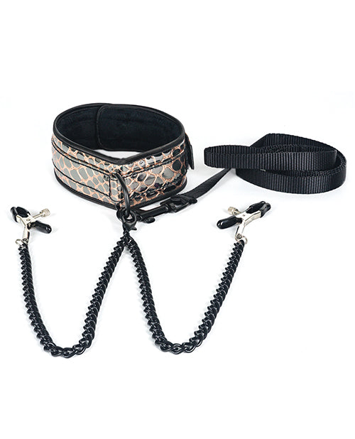 Spartacus Faux Leather Collar &amp; Leash w/Black Nipple Clamps - Gold