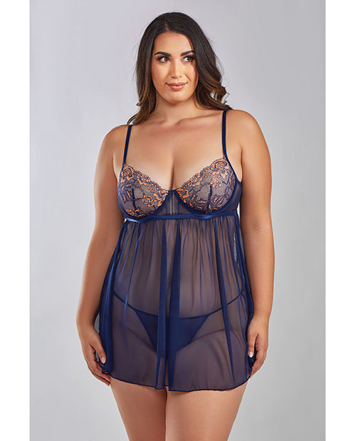 Jennie Cross Dyed Galloon Lace &amp; Mesh Babydoll Navy 2X - Seductions Secret