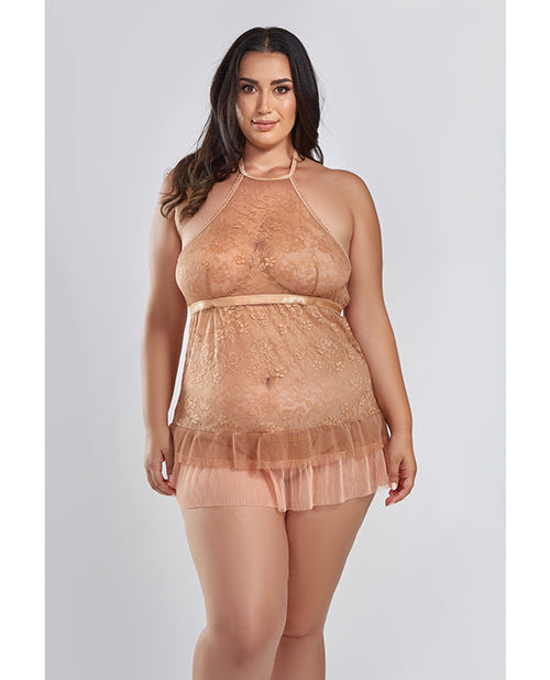 Amber Halter Lace Babydoll w/Tiered Pleated Mesh Skirt Hem &amp; G-String Brown 3X - Seductions Secret