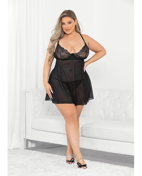 Raised Embroidery Lace Babydoll Black 3X - Seductions Secret