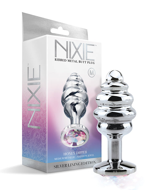 Nixie Honey Dipper Ribbed Metal Rainbow Jeweled Butt Plug - Medium