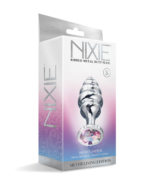 Nixie Honey Dipper Ribbed Metal Rainbow Jeweled Butt Plug - Small