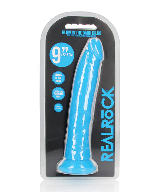 Shots RealRock 9&quot; Slim Dildo Glow in the Dark - Neon Blue