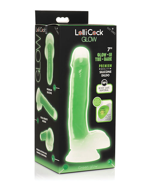 Curve Toys Lollicock 7&quot; Glow In The Dark Silicone Dildo w/Balls - Green