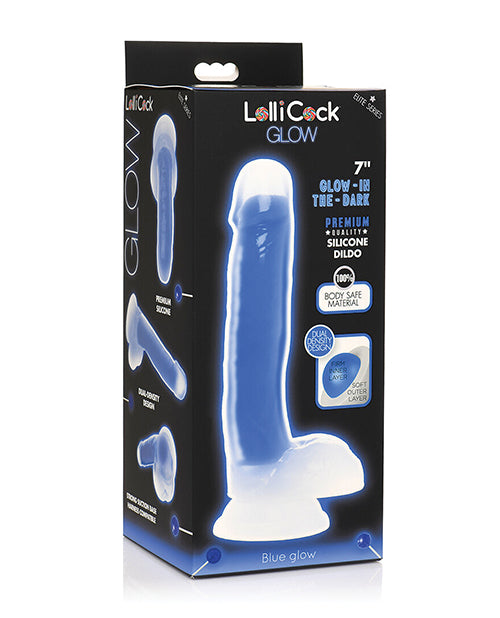 Curve Toys Lollicock 7&quot; Glow In The Dark Silicone Dildo w/Balls - Blue