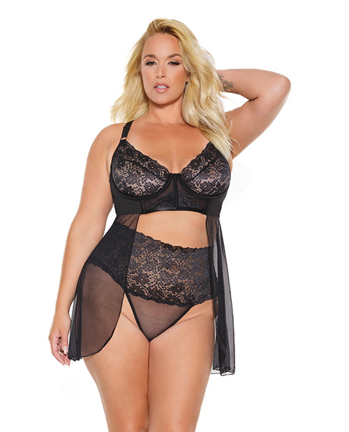 Scallop Stretch Lace &amp; Sheer Mesh Babydoll &amp; High Waist Thong Black 3X/4X - Seductions Secret