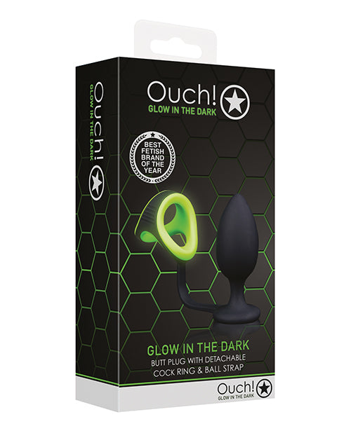 Shots Ouch Butt Plug w/Cock Ring &amp; Ball Strap - Glow in the Dark