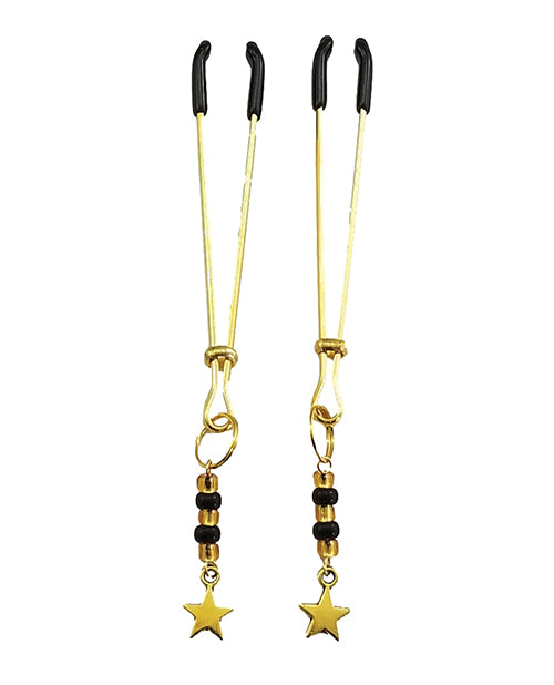 Bijoux de Nip Tweezer Nipple Clamp w/Black &amp; Gold Beads w/Star - Gold