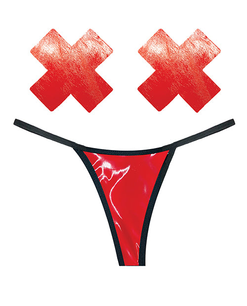 Neva Nude Naughty Knix Vixen Wet Vinyl G-String &amp; Pasties - Red O/S