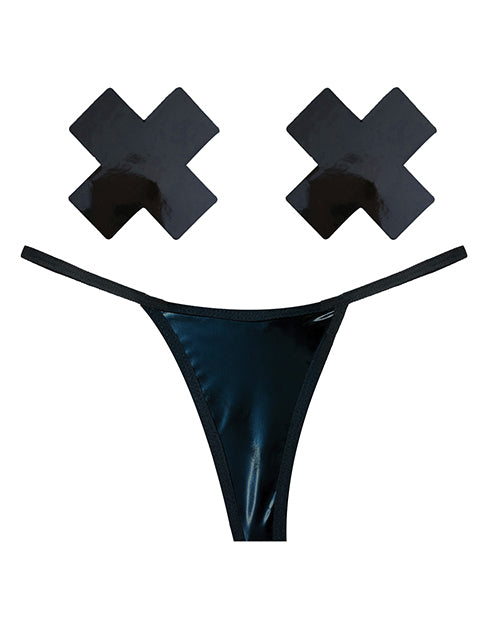 Neva Nude Naughty Knix Dom Squad Wet Vinyl G-String &amp; Pasties - Black O/S