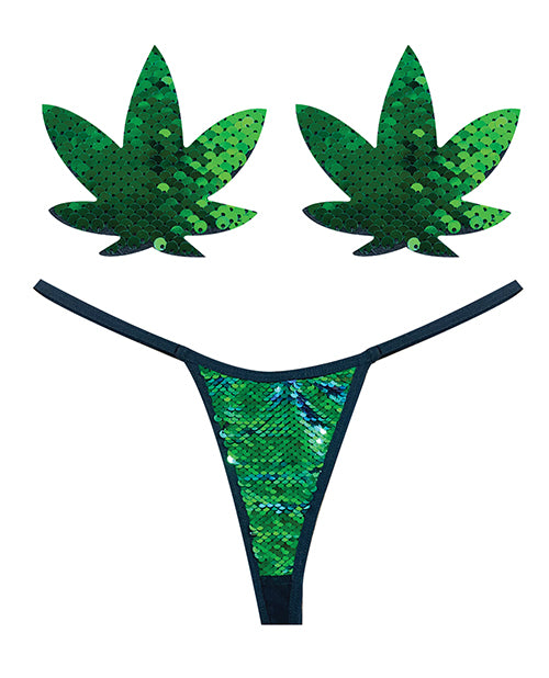 Neva Nude Naughty Knix Weed Leaf Sequin G-String &amp; Pasties - Green  O/S