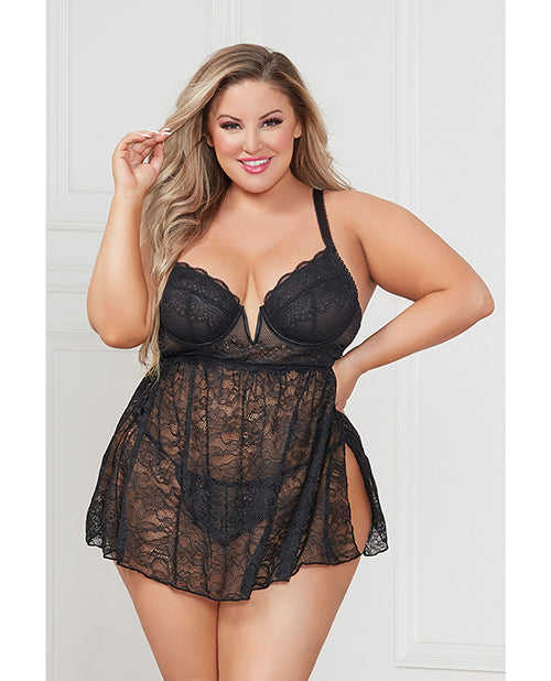 Stretch Lace Babydoll w/Underwire Cups &amp; G-String Black 3X/4X - Seductions Secret