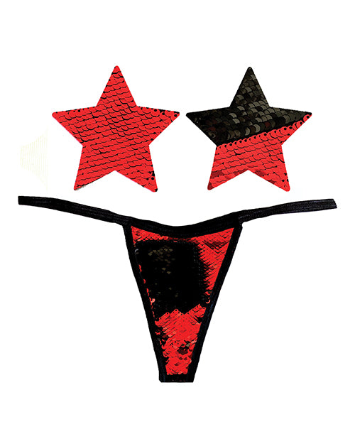 Neva Nude Naughty Knix Sookie Flip Sequin G-String &amp; Pasties - Red/Black O/S