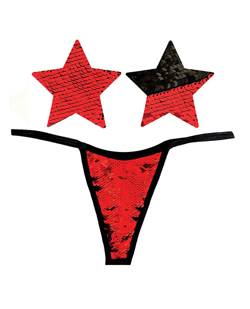 Neva Nude Naughty Knix Sookie Flip Sequin G-String &amp; Pasties - Red/Black O/S