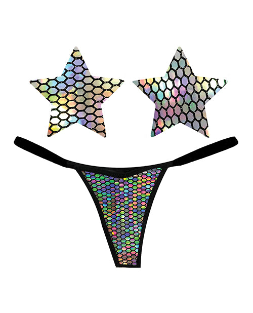 Neva Nude Naughty Knix Mirrored Mayhem Holographic G-String &amp; Pasties - Black O/S