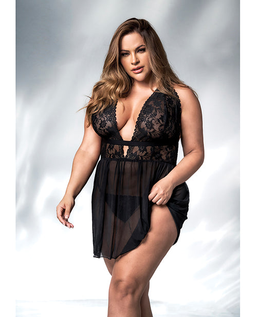 Lace &amp; Mesh Babydoll &amp; G-String Black 3X/4X - Seductions Secret