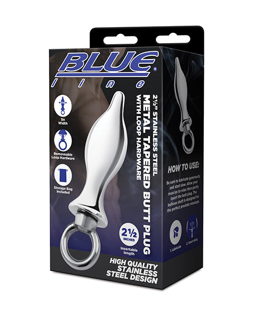 Blue Line 2.5&quot; Stainless Steel Metal Tapered Butt Plug With Loop Hardware