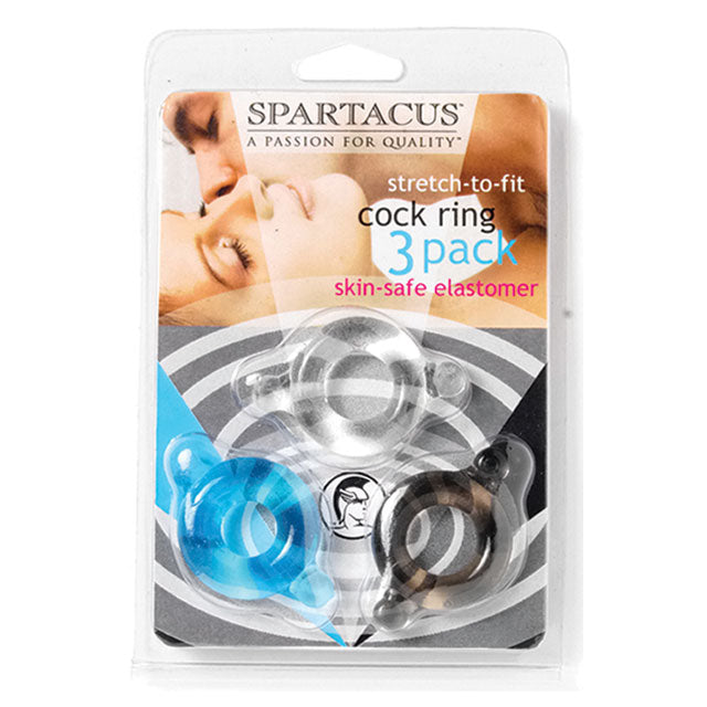 Spartacus Elastomer Cock Ring Set - Black, Blue &amp; Clear Pack of 3