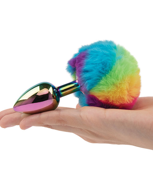 Gemsations 2.95&quot; Metal Bunny Tail Rainbow Butt Plug - Rainbow