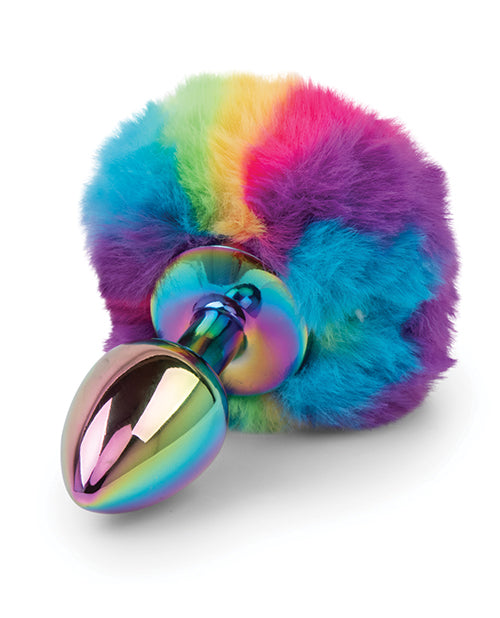 Gemsations 2.95&quot; Metal Bunny Tail Rainbow Butt Plug - Rainbow