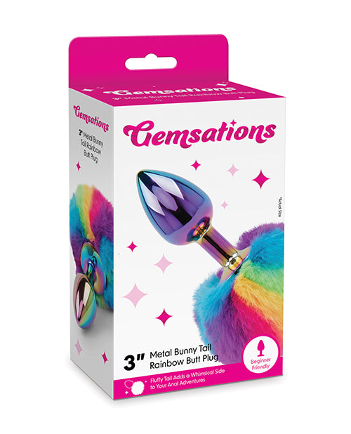 Gemsations 2.95&quot; Metal Bunny Tail Rainbow Butt Plug - Rainbow