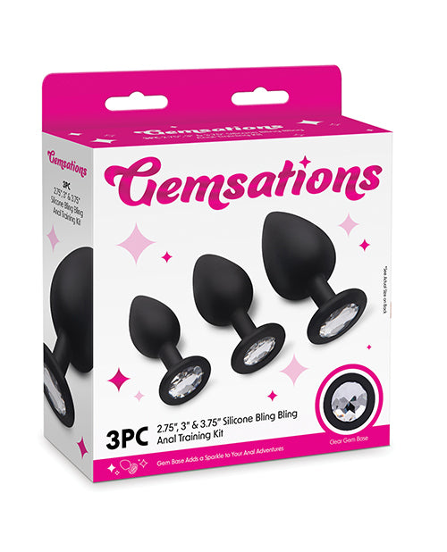 Gemsations 3 pc 2.75&quot; &amp; 3.15&quot; &amp; 3.7&quot; Silicone Bling Bling Butt Plug Training Set - Black