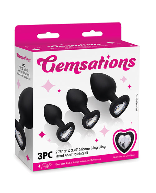 Gemsations 3 pc 2.75&quot; &amp; 3.15&quot; &amp; 3.7&quot; Silicone Bling Bling Heart Butt Plug Training Set - Black