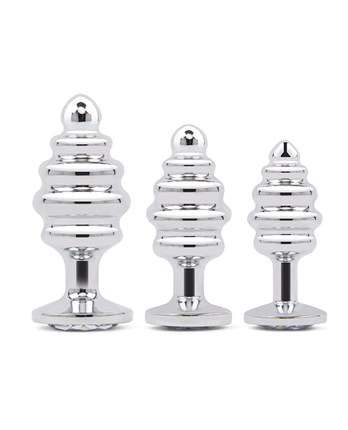 Gemsations 3 pc 2.95&quot; &amp; 3.25&quot; &amp; 3.7&quot; Ripple Bling Bling Metal Butt Plug Training Set - Silver