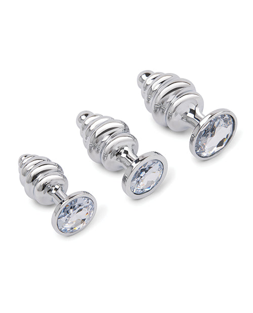 Gemsations 3 pc 2.95&quot; &amp; 3.25&quot; &amp; 3.7&quot; Ripple Bling Bling Metal Butt Plug Training Set - Silver