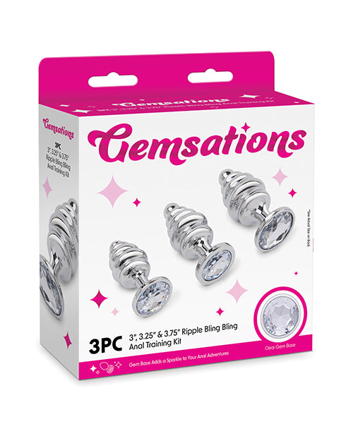 Gemsations 3 pc 2.95&quot; &amp; 3.25&quot; &amp; 3.7&quot; Ripple Bling Bling Metal Butt Plug Training Set - Silver