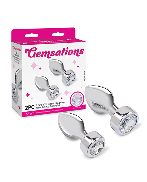 Gemsations 2 pc 3.25&quot; &amp; 3.7&quot; Tapered Bling Bling Metal Butt Plug Training Set - Silver