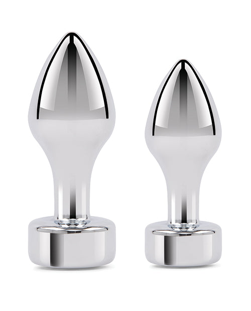 Gemsations 2 pc 3.25&quot; &amp; 3.7&quot; Tapered Bling Bling Metal Butt Plug Training Set - Silver