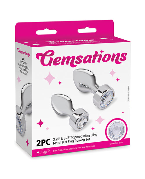 Gemsations 2 pc 3.25&quot; &amp; 3.7&quot; Tapered Bling Bling Metal Butt Plug Training Set - Silver