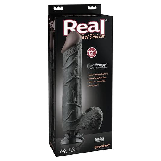 Pipedream Real Feel Deluxe No. 12 Realistic 12 in. Vibrating Dildo With Balls and Suction Cup Black