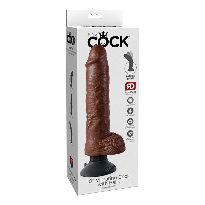 Pipedream King Cock 10 in. Vibrating Cock With Balls Poseable Suction Cup Dildo Brown